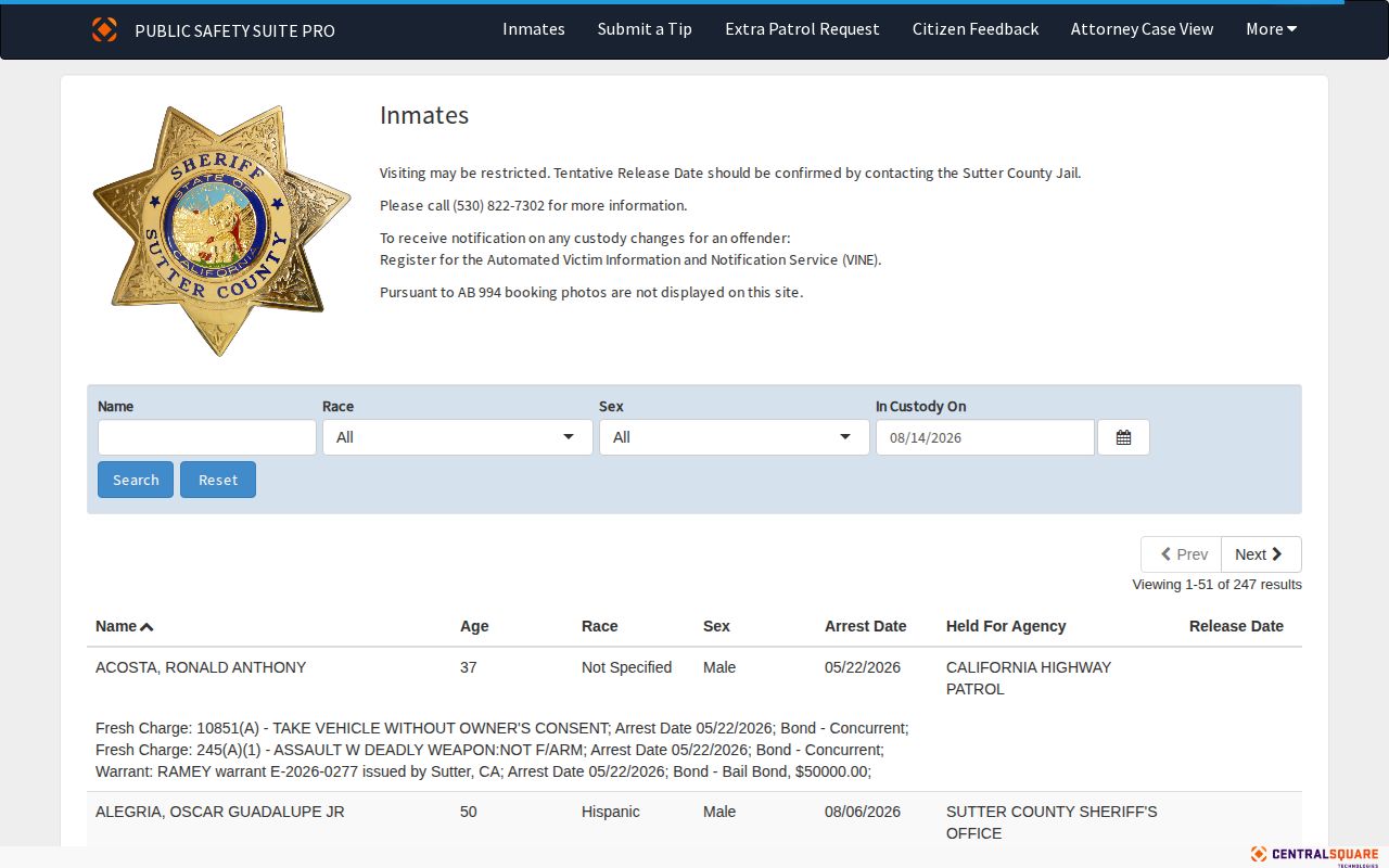 Sutter County jail roster search and booking-photo notice