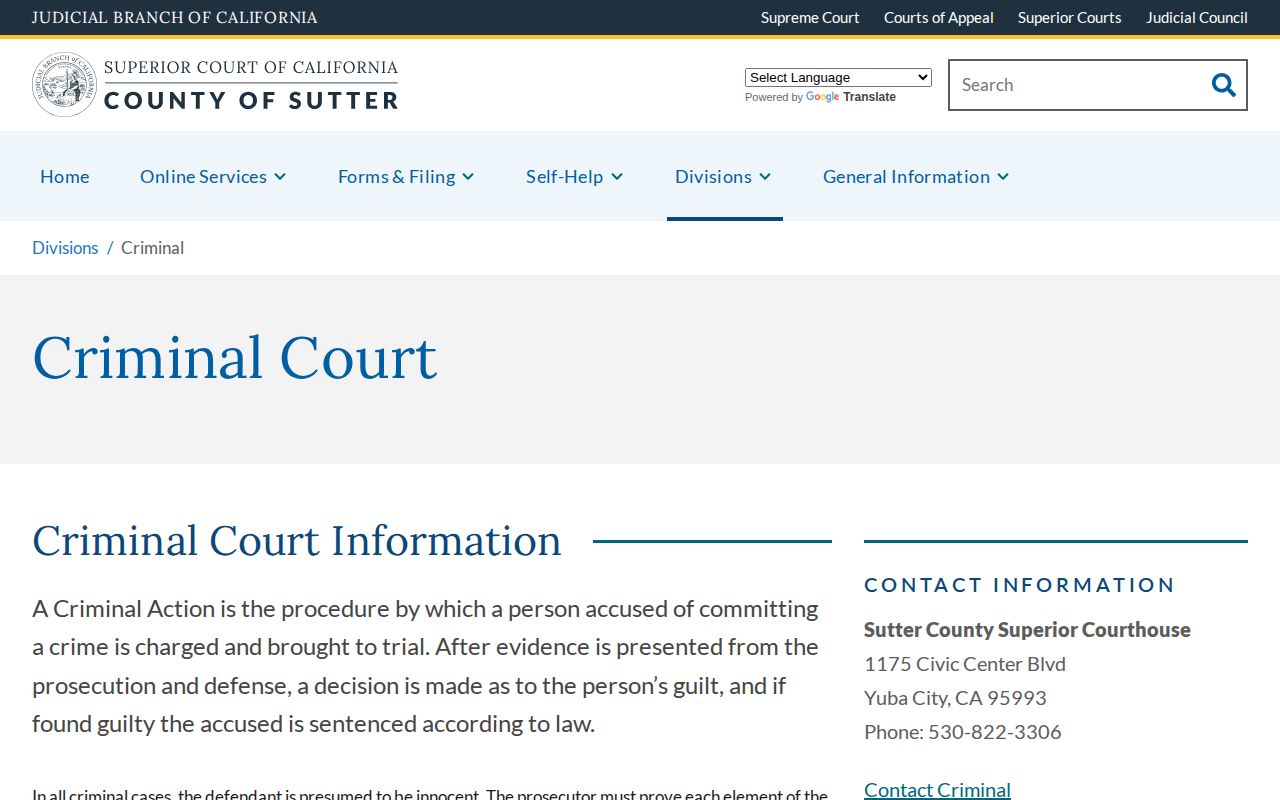 Sutter County criminal court booking and disposition information