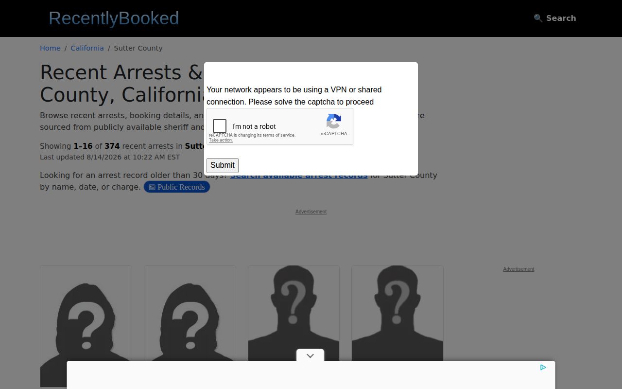 Unofficial RecentlyBooked Sutter County arrest records section