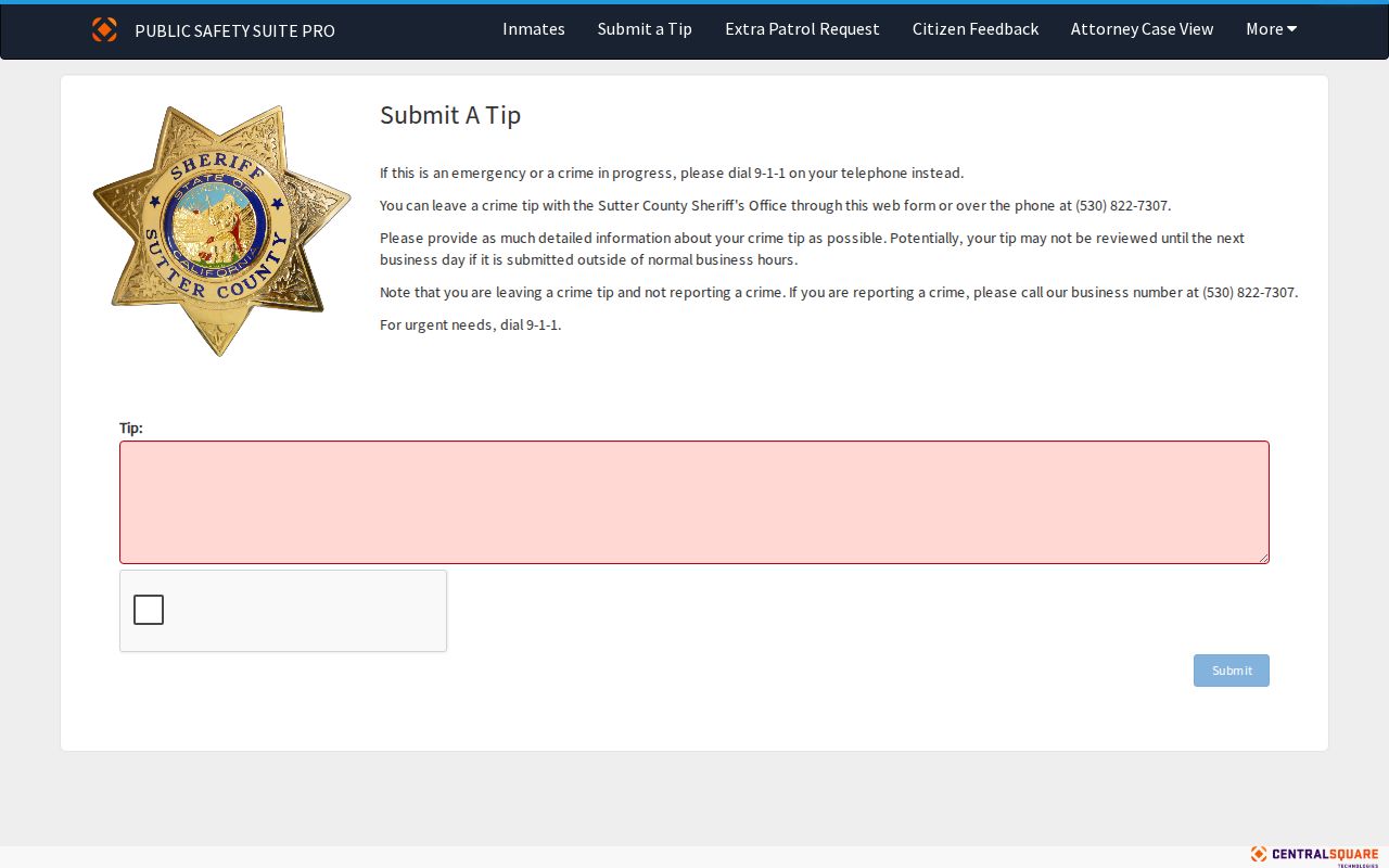 Sutter County wanted-person anonymous tip record form