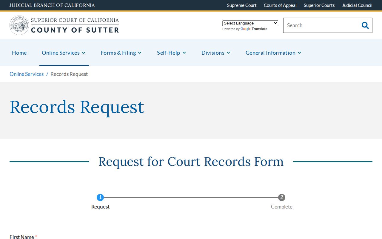 Sutter County warrant-related court record request interface